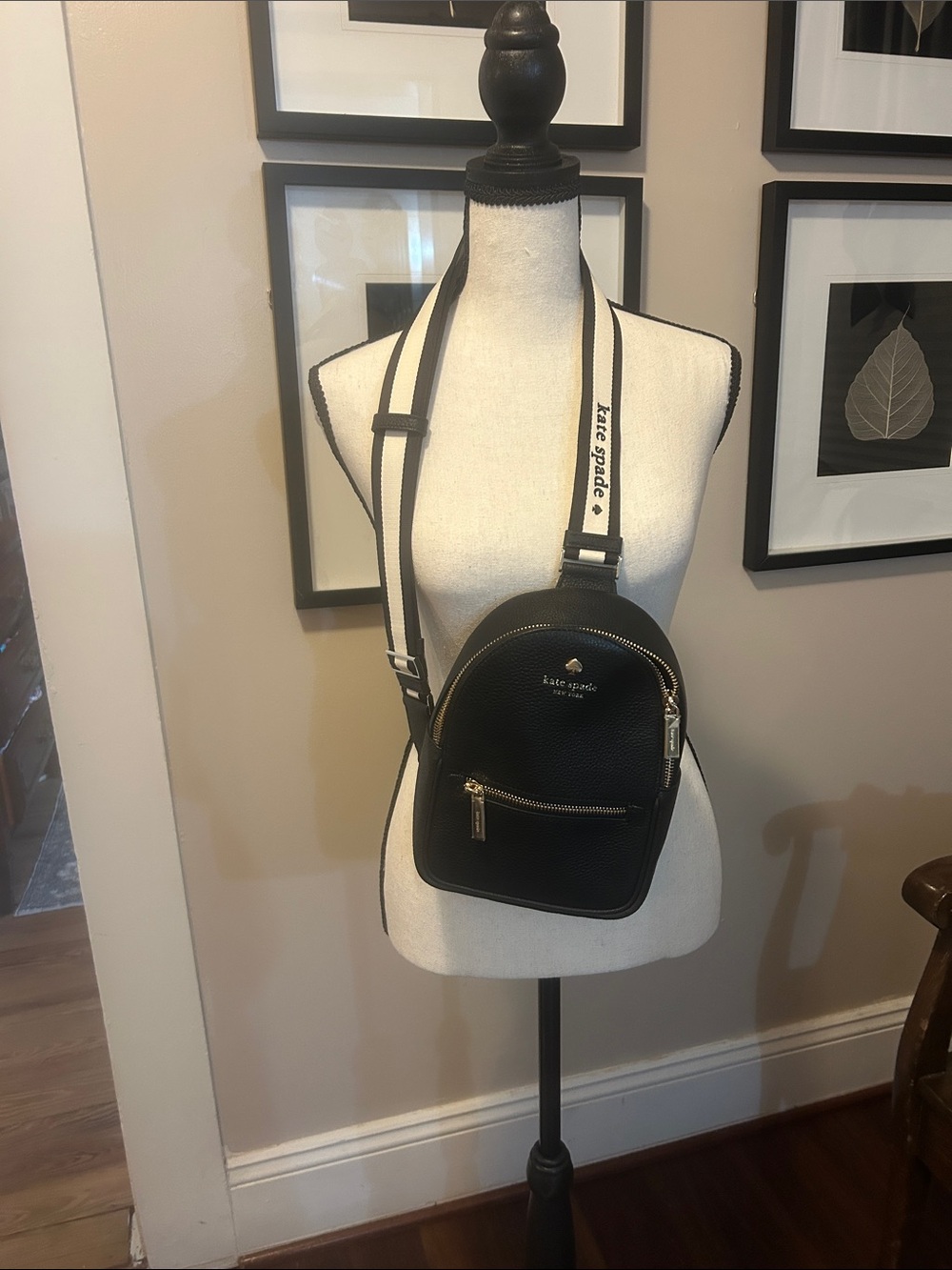 kate spade Black Pebbled Leather Mini Backpack with Logo Strap